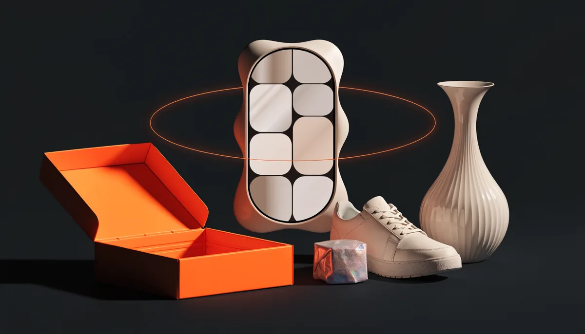 Ilustración de una tienda online con catálogo móvil, productos y cajas de envío