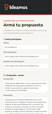 Vista móvil de Presupuestos Ideamos