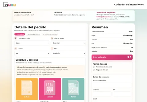 Vista de escritorio de 29 Bis · Cotizador