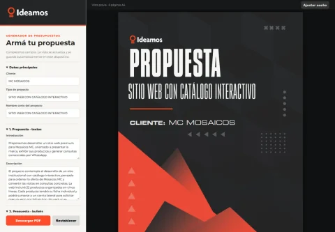 Vista de escritorio de Presupuestos Ideamos